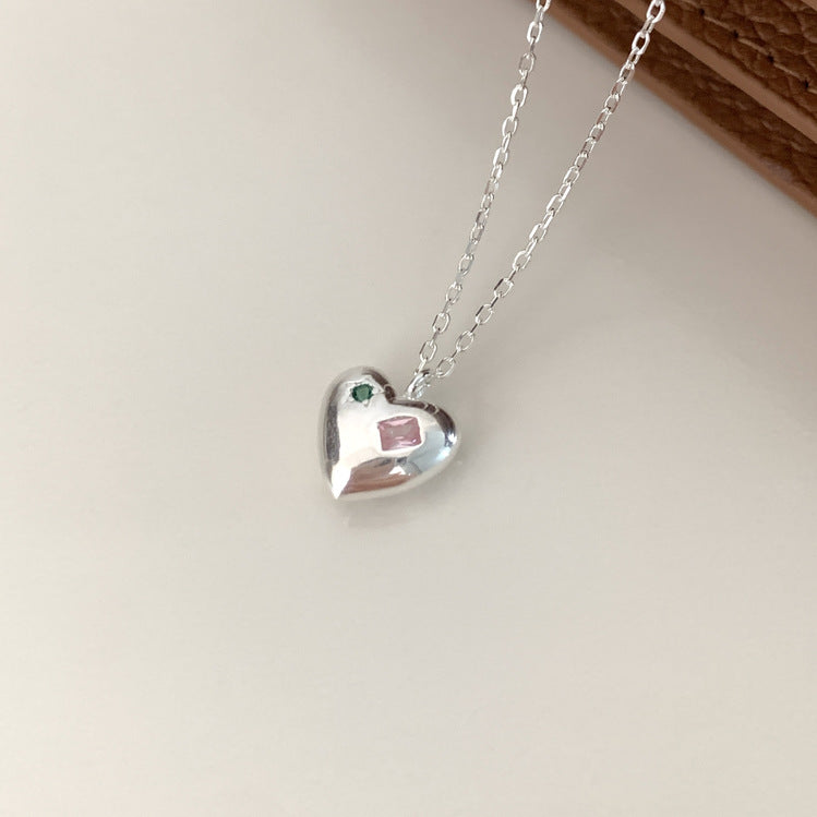 Minimalist Heart-Shaped 925 Sterling Silver Rhinestone Necklace with Rainbow Accents on Snake Chain