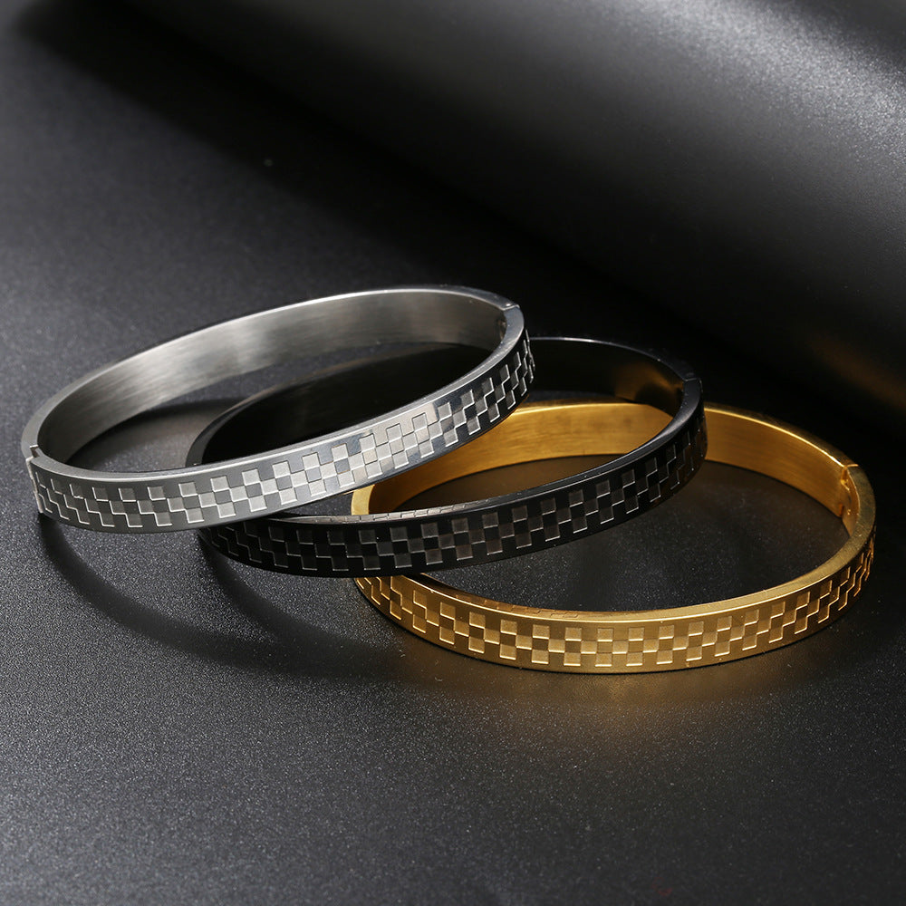 Vintage Geometric Checkered Matte Titanium Steel Open Cuff Bracelet for Men and Women