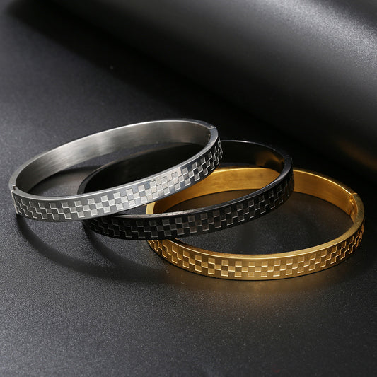 Vintage Geometric Checkered Matte Titanium Steel Open Cuff Bracelet for Men and Women
