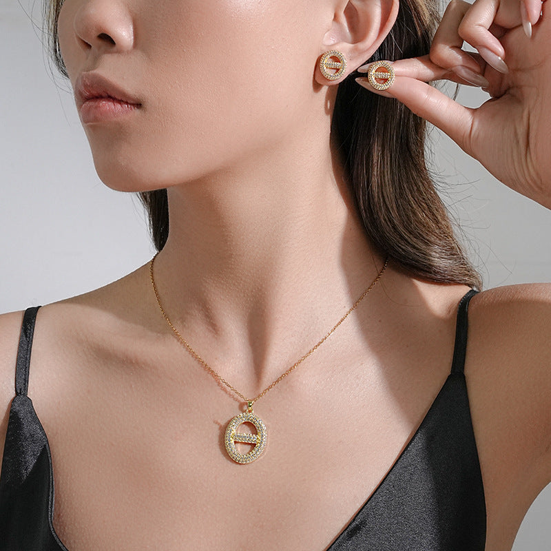 Minimalist Geometric Locket Necklace in Titanium Steel with Micro-Paved Zirconia and Gold Plating for Women
