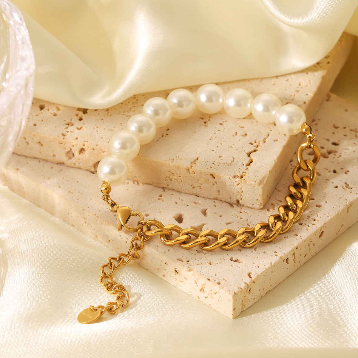 Braccialetto alla moda in acciaio inossidabile placcato oro 18K con perle e maglie cubane, stile geometrico per donna