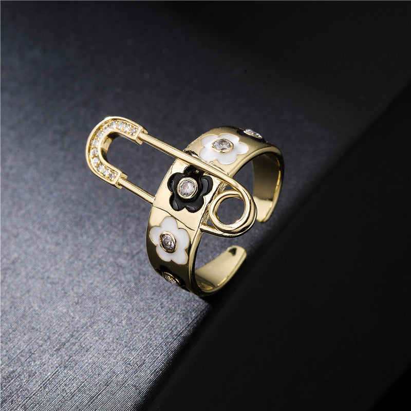 Elegant Geometric Floral Drip Oil Cubic Zirconia Inlay Brass Ring for Women