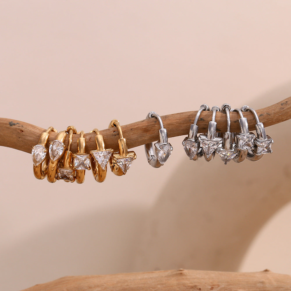 Minimalist Geometric Stainless Steel Earrings with 18K Gold Plating, Teardrop Triangle and Square Crystal Studs for Women