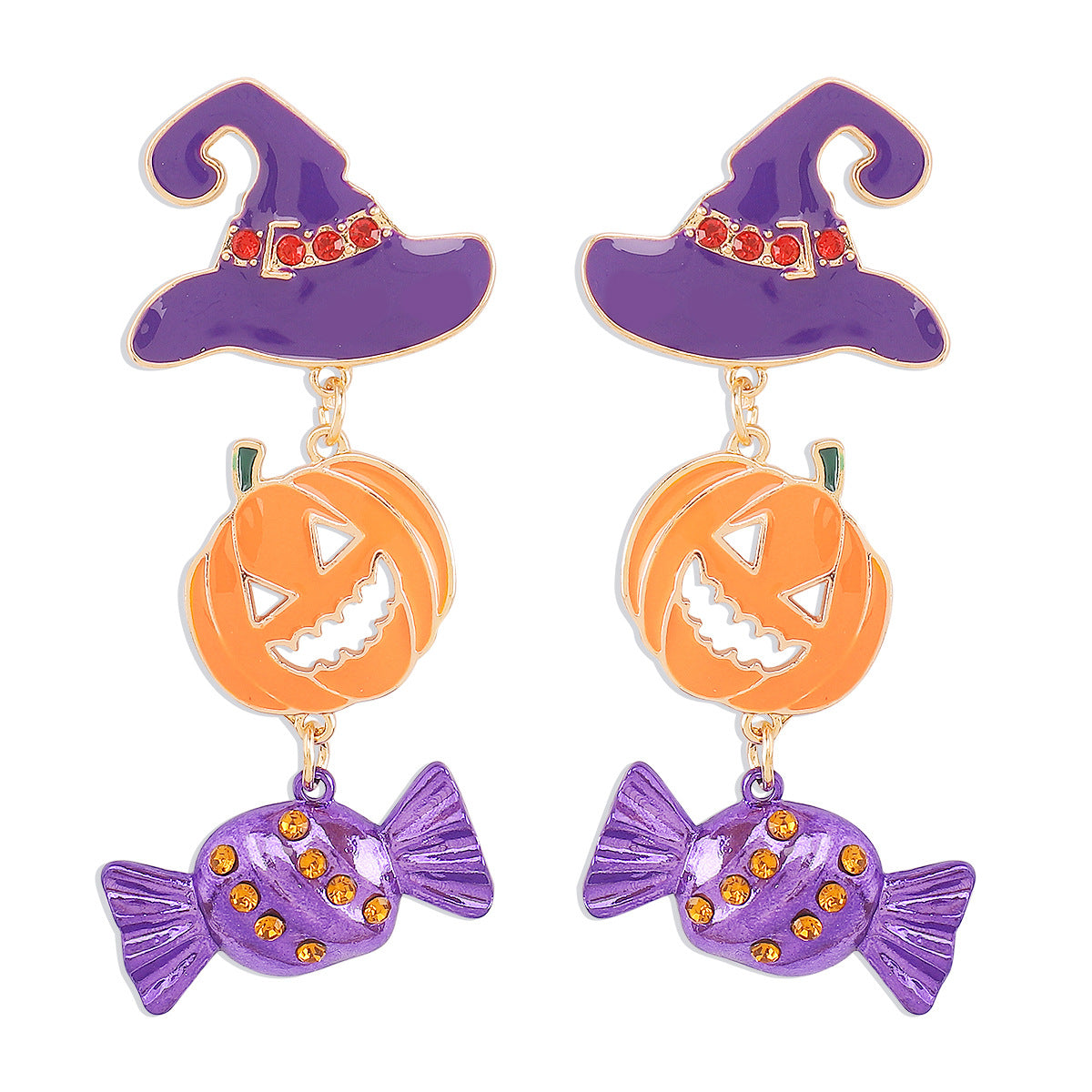 Pendientes llamativos de Halloween con calabaza y calavera, de aleación con detalles de pedrería y acabado galvanizado, para mujer