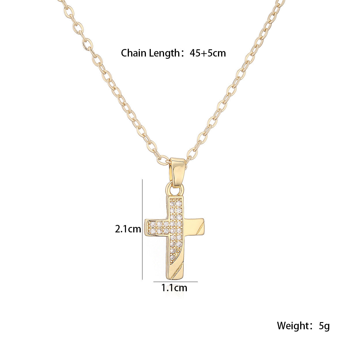 Minimalist 18K Gold Plated Brass Cross Pendant Necklace with Cubic Zirconia for Women