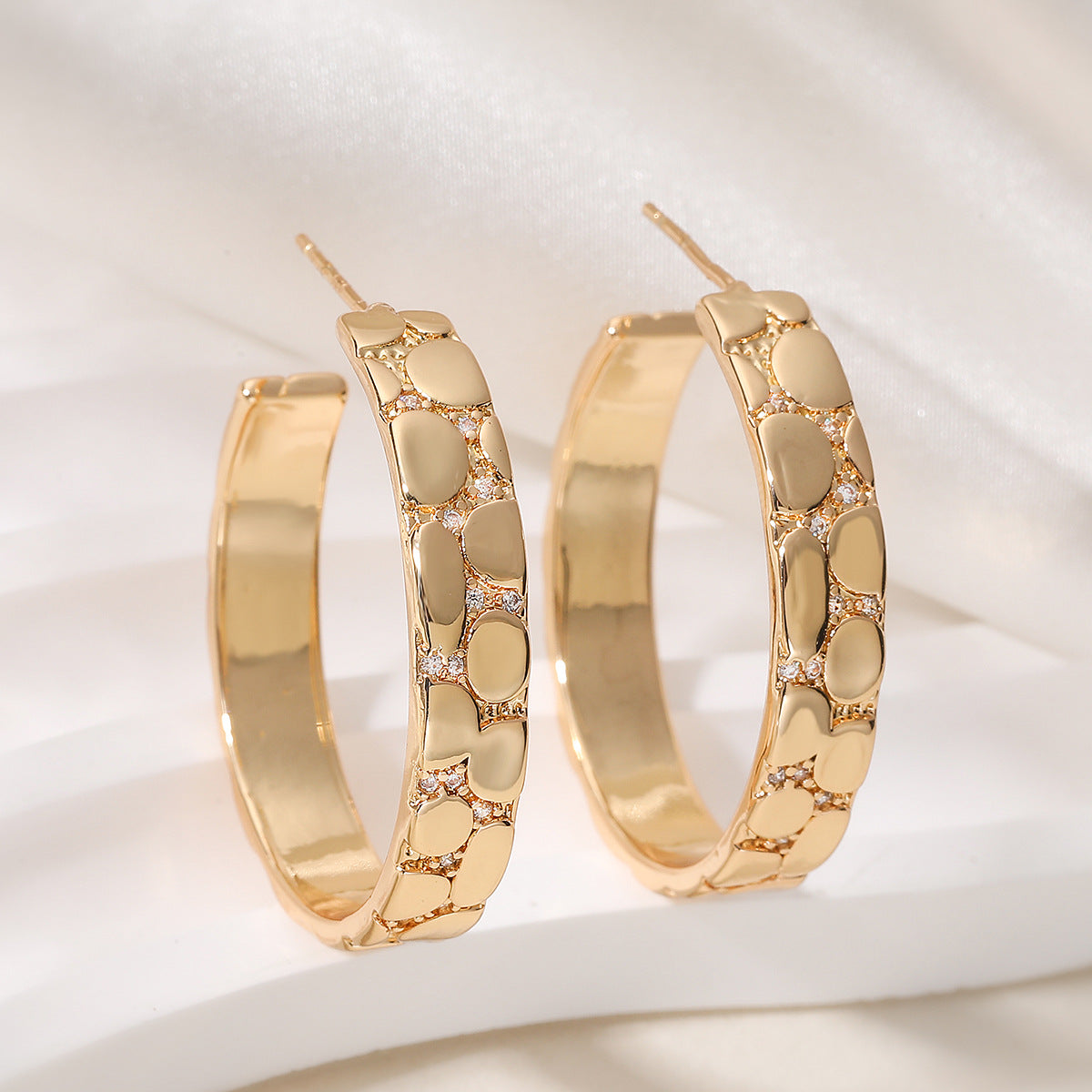 Vintage Geometric Brass Gold Plated Hoop Earrings with Cubic Zirconia for Women