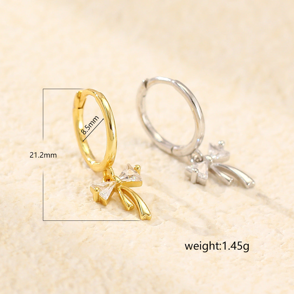 Orecchini a cerchio da donna in argento sterling 925 con fiocco e strass incastonati