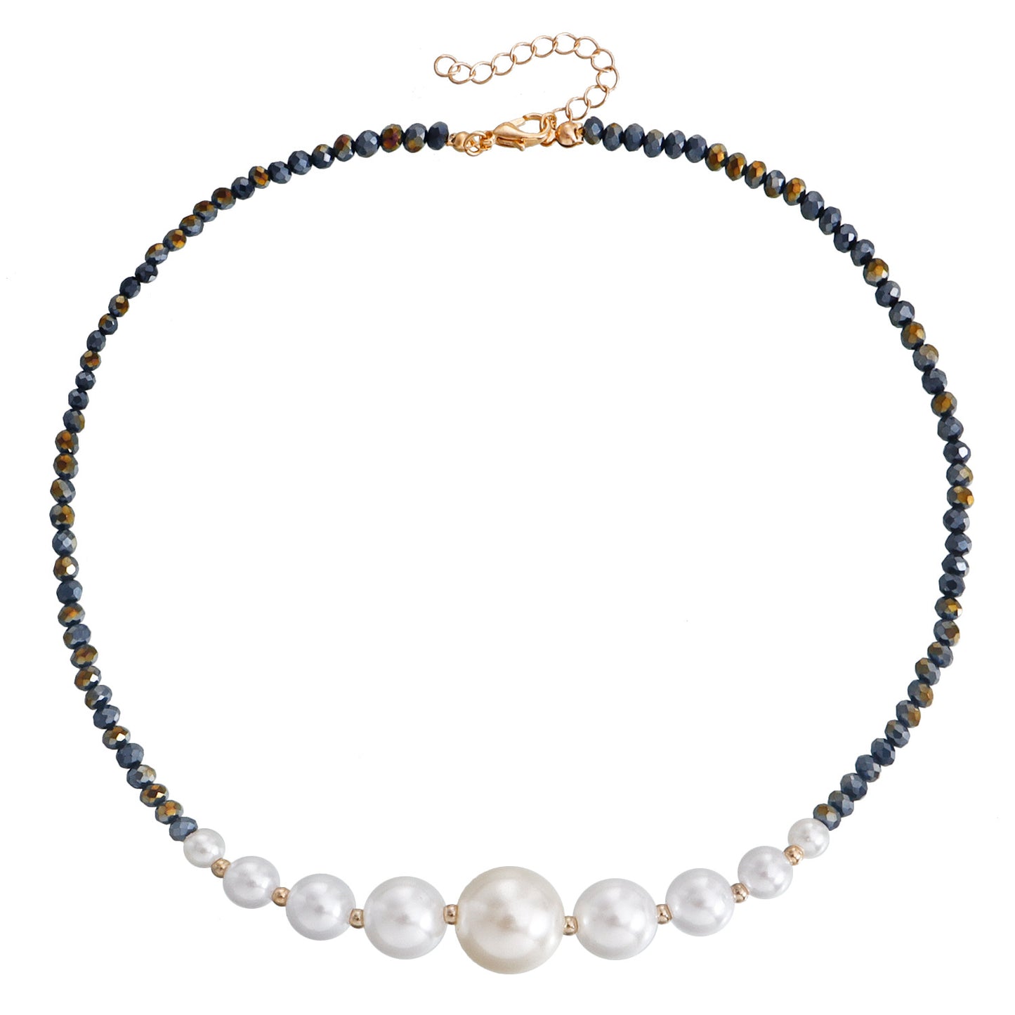 Geometric Black Crystal Faux Pearl Pendant Necklace for Women with Plated Alloy Chain and Clavicle-Style Design