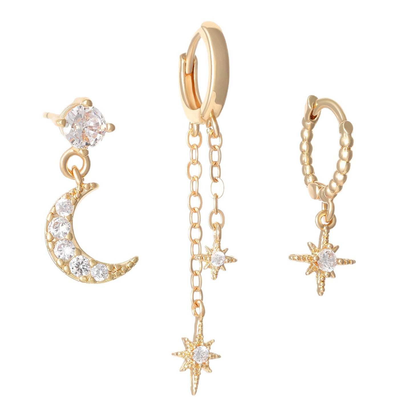 Orecchini Asimmetrici a Stella e Forma Geometrica con Zirconi, Base in Rame Galvanizzato, Perni in Oro 14K, Accessorio Moda Unisex