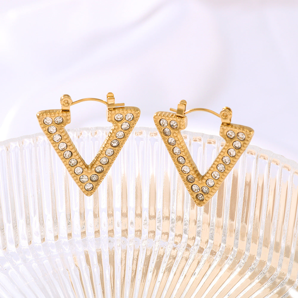 Minimalist Geometric Triangle Stainless Steel Stud Earrings with Zircon Inlay and 18K Gold Plating