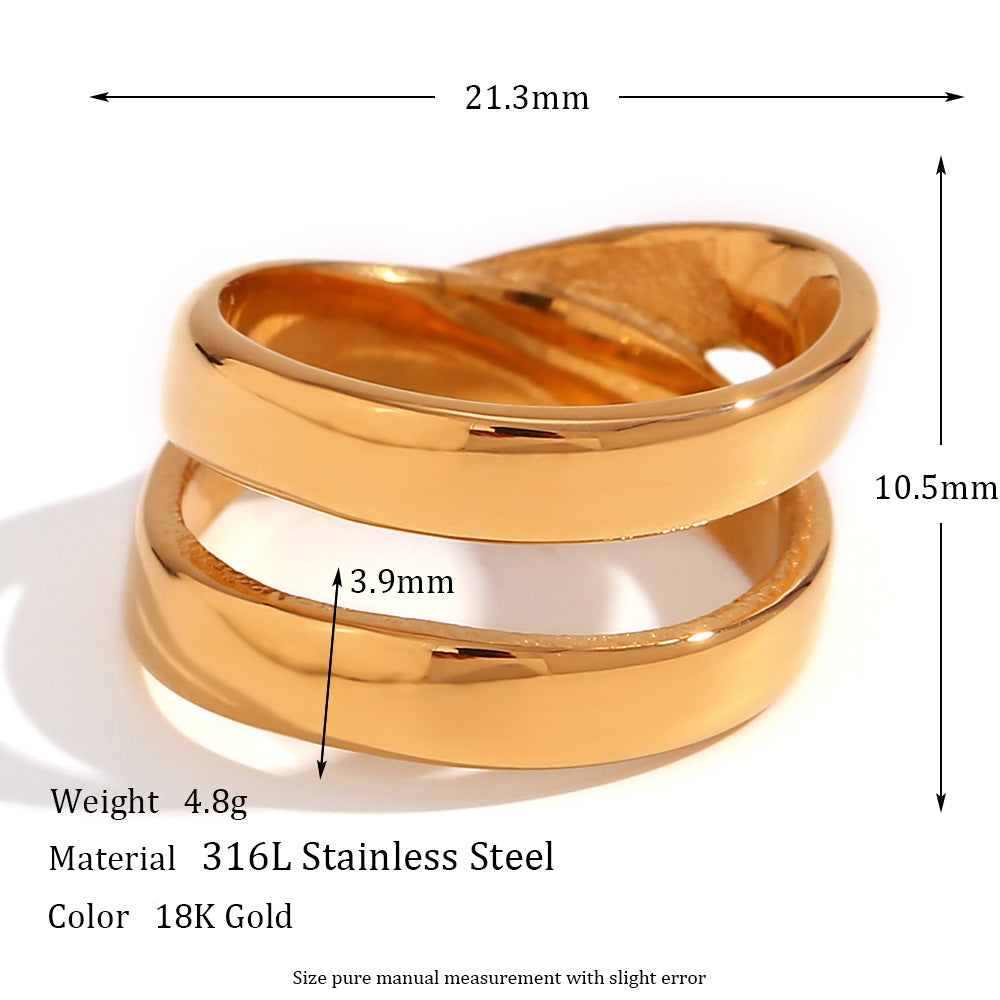 Minimalist Geometric Stainless Steel Plated 18K Gold Double Layer Cross Ring for Women