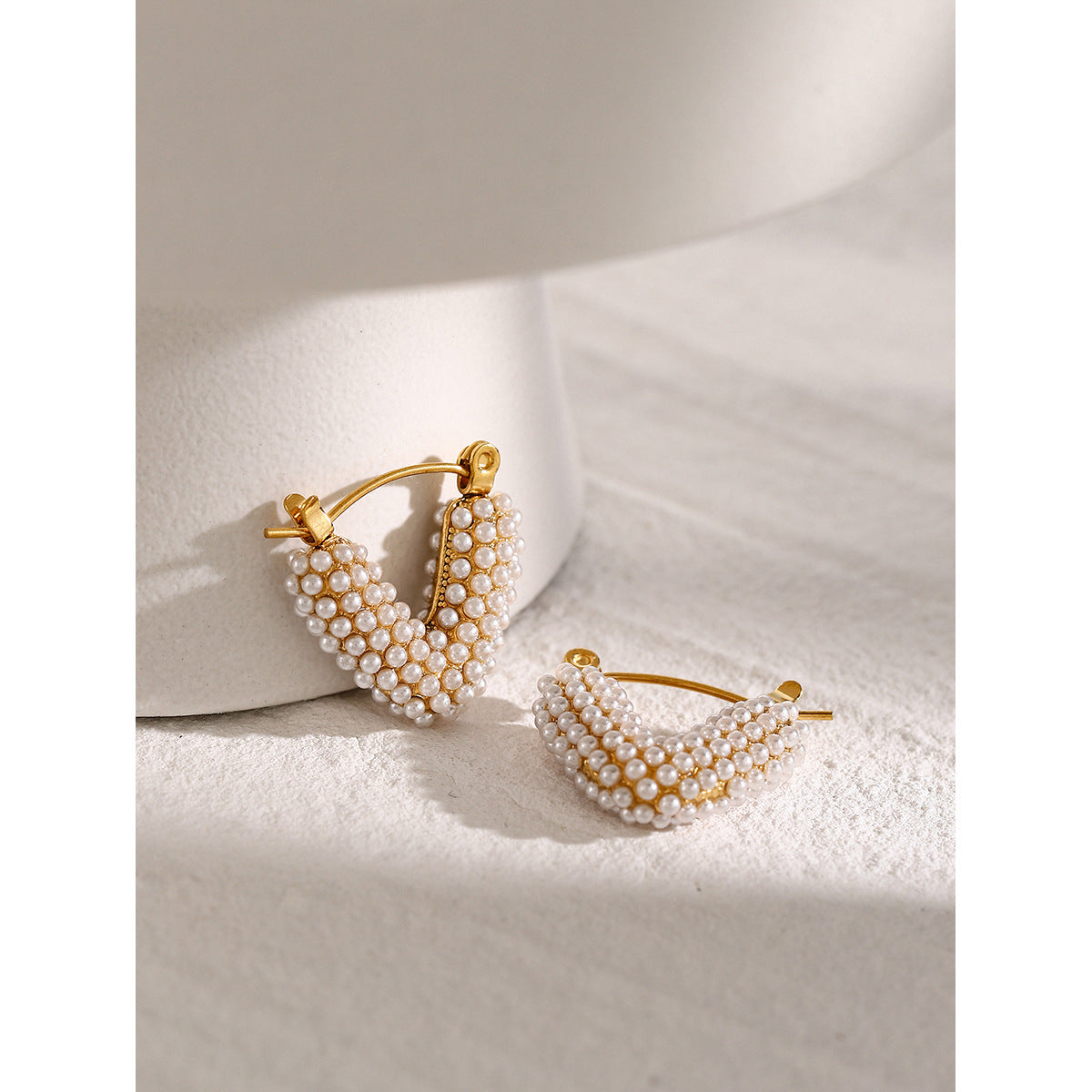 Minimalist 18K Gold Plated V-Shape Stainless Steel Pearl Earrings for Women