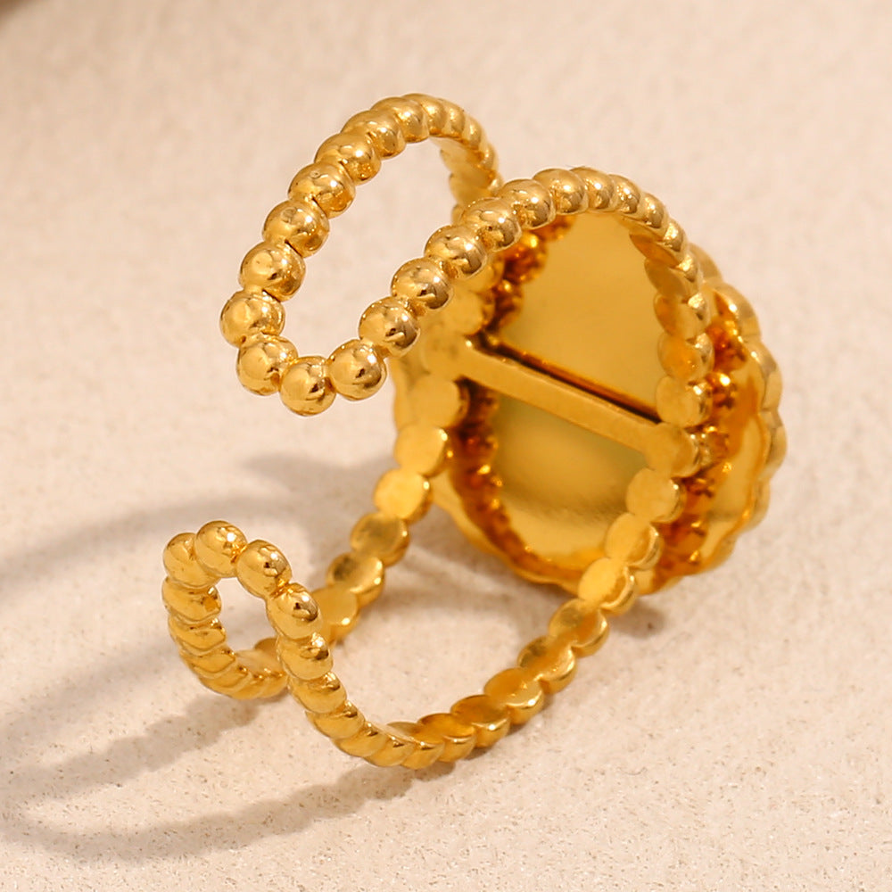 Vintage Style Geometric Stainless Steel Ring with 18K Gold Plating and Green Aventurine Inlay for Women