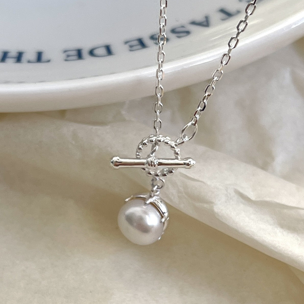 Minimalist Geometric Silver Pendant Necklace with Pearl Accents and Lobster Clasp in 925 Sterling Silver