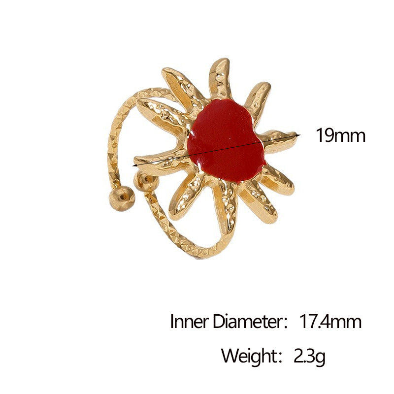 Anello aperto minimalista da donna in acciaio inossidabile placcato oro 18 carati con cuore e sole