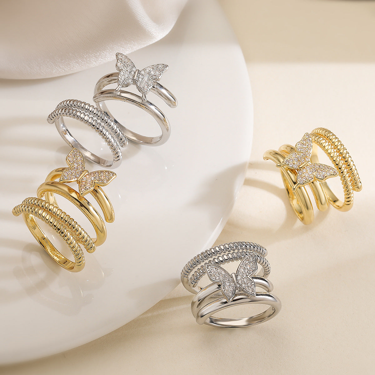 Minimalist Butterfly-Shaped Copper Ring with Gold Plating and Zircon Inlay for Women