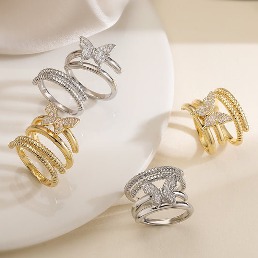 Minimalist Butterfly-Shaped Copper Ring with Gold Plating and Zircon Inlay for Women