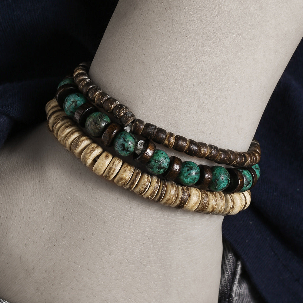 Vintage Round Wood Bead Bracelet Set with Turquoise Inlay for Unisex