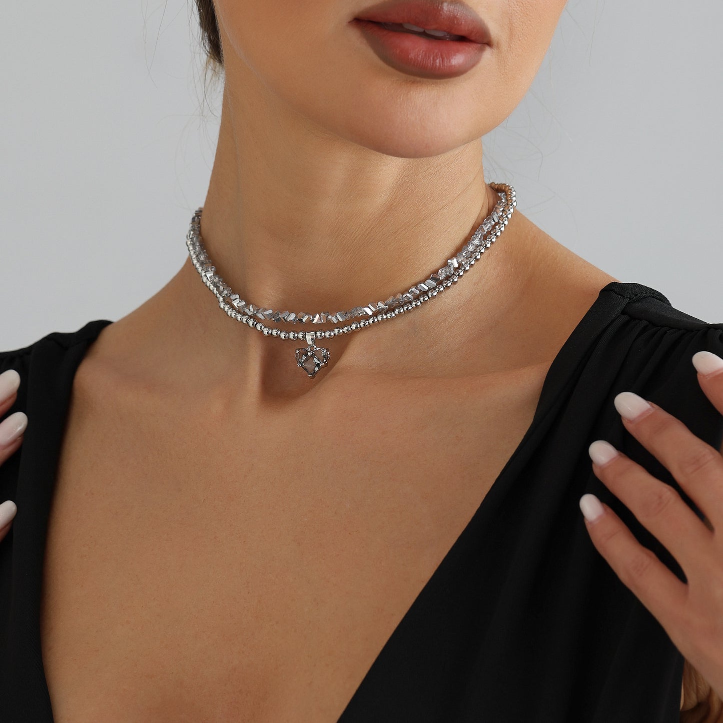 Casual Irregular Crushed Ice Beaded Heart Geometric Alloy Plated Double Layer Necklace for Women