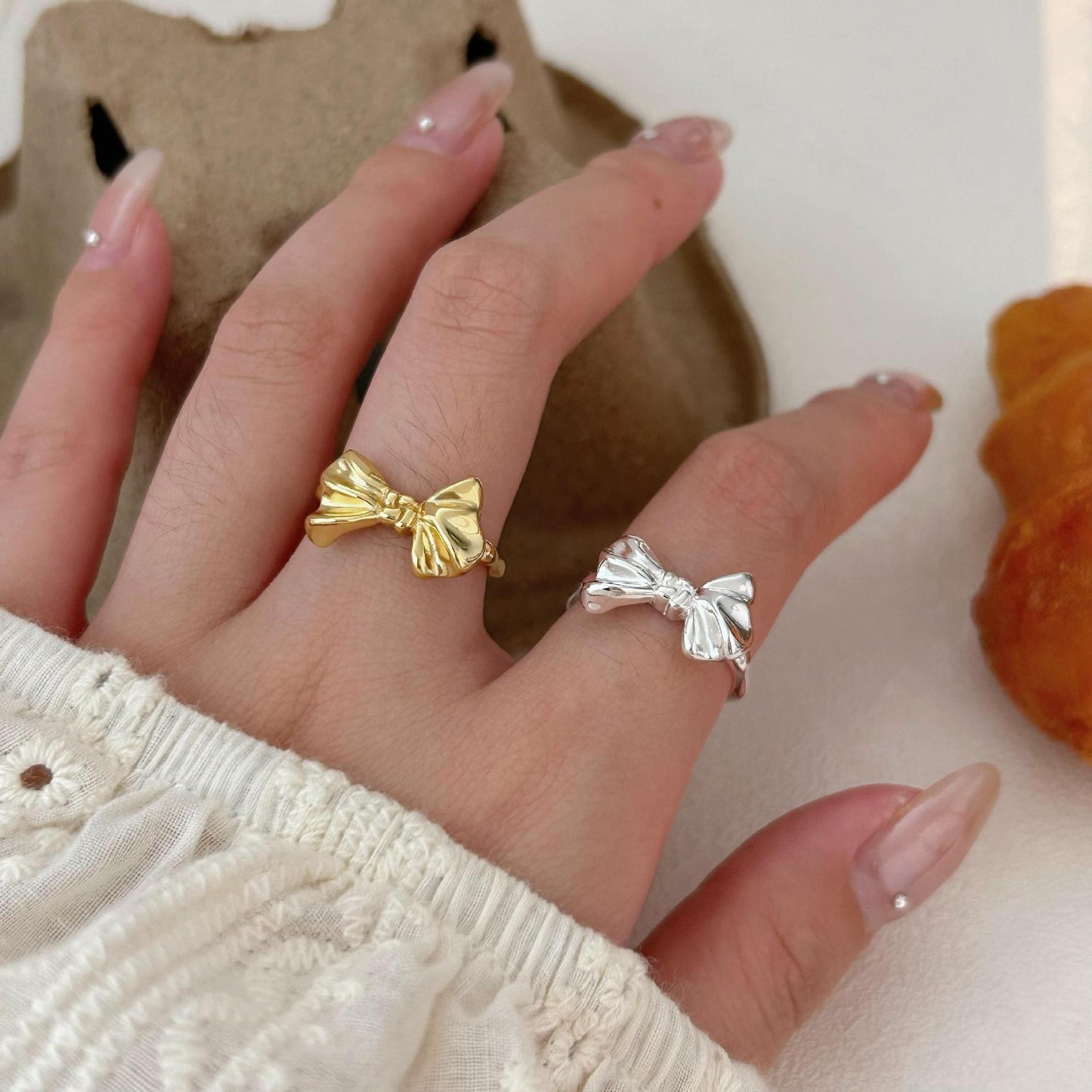 Minimalist Sweet 925 Sterling Silver Plated Geometric Bow Ring for Women
