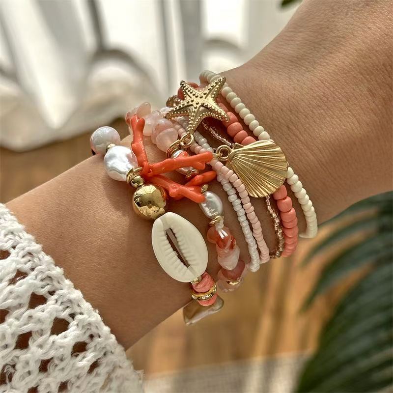 Bohemian Star Alloy Bracelet with Pearl and Shell Elements for Women