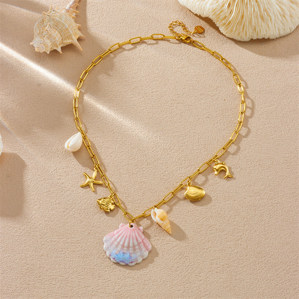 Chic Gold Plated Stainless Steel Animal Starfish Shell Dolphin Pendant Necklace for Women