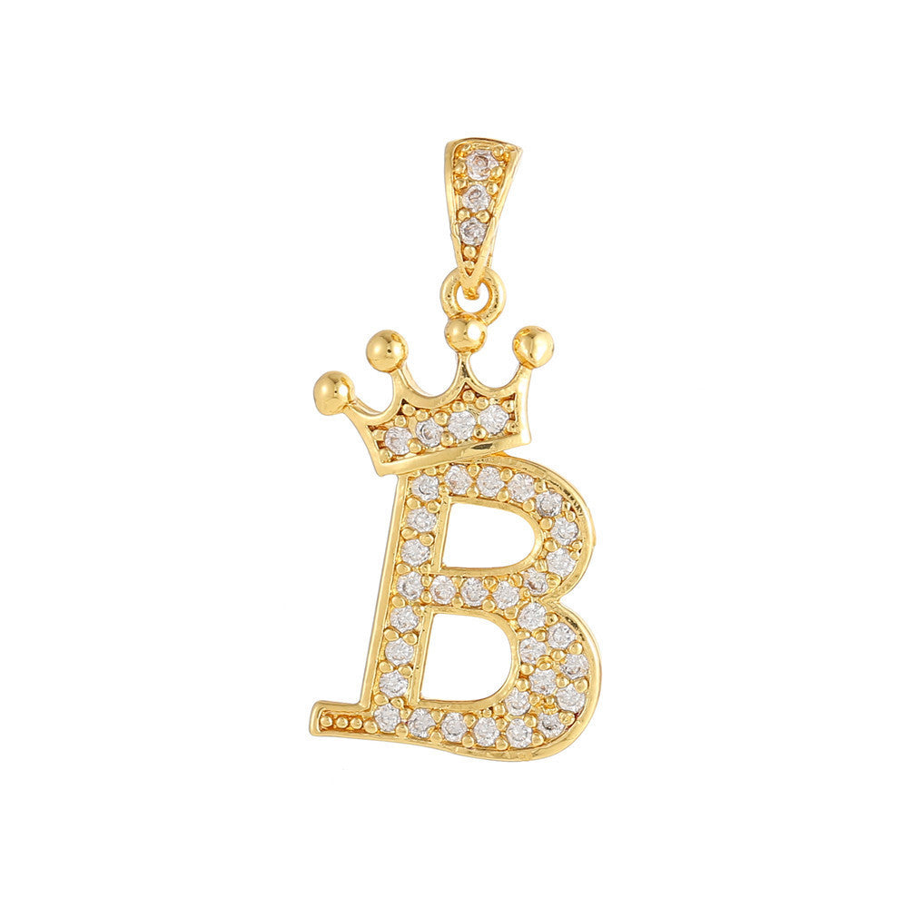 Gold Plated Brass Crown Letter Charm Bar with Cubic Zirconia for DIY Necklace Bracelet