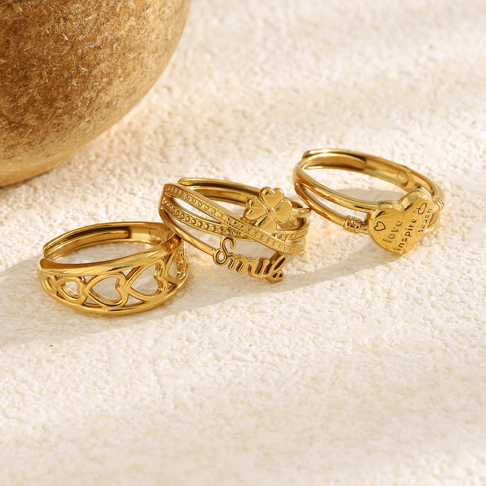 Anello da donna minimalista con lettera a cuore in oro 18 carati placcato in acciaio inossidabile a forma di linea floreale