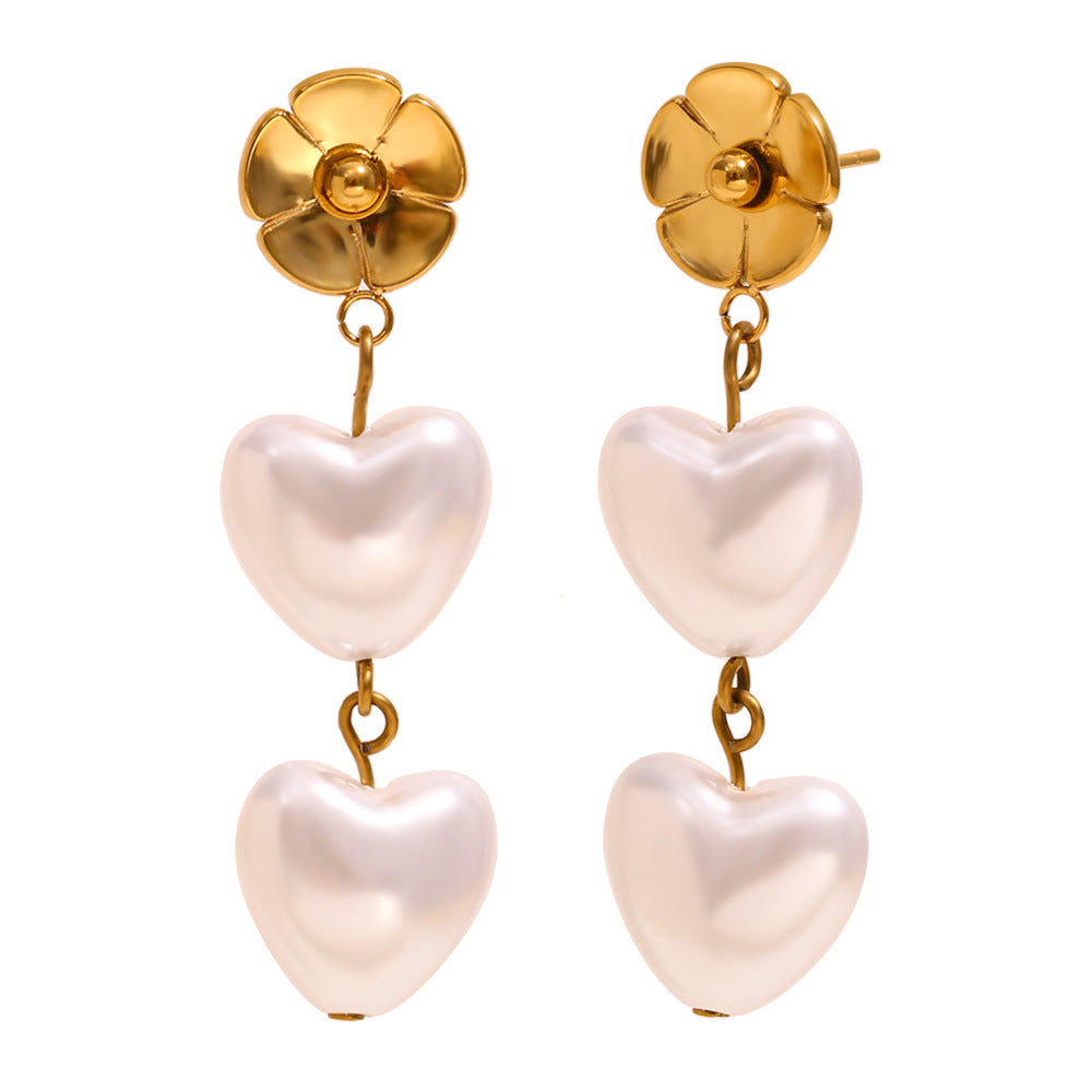 Vintage Floral Heart-Shaped Stainless Steel Earrings with 18K Gold Plating and Pearl Accents for Women