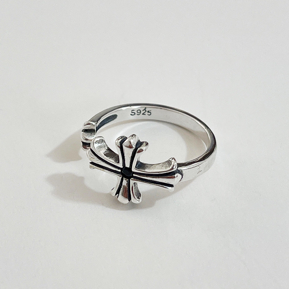 Anello S925 in Argento Sterling, Regolabile, a Croce Aperta, Finitura Anticata, Ispirazione Coreana Giapponese, Anello da Donna alla Moda