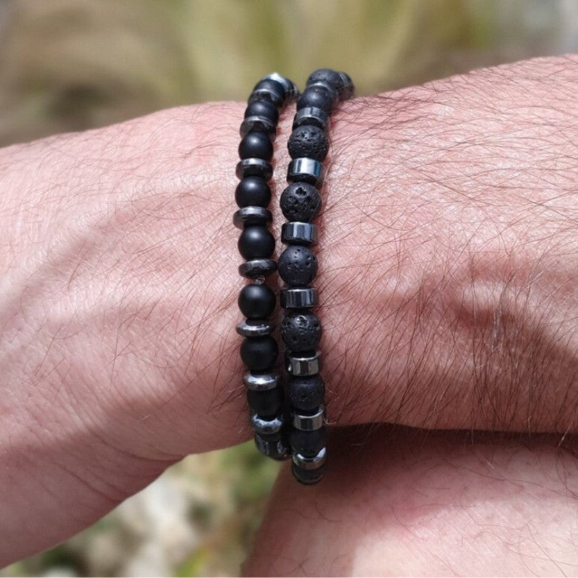 Unique Geometric Round Volcanic Stone and Hematite Beaded Stretch Bracelet Set for Men and Women