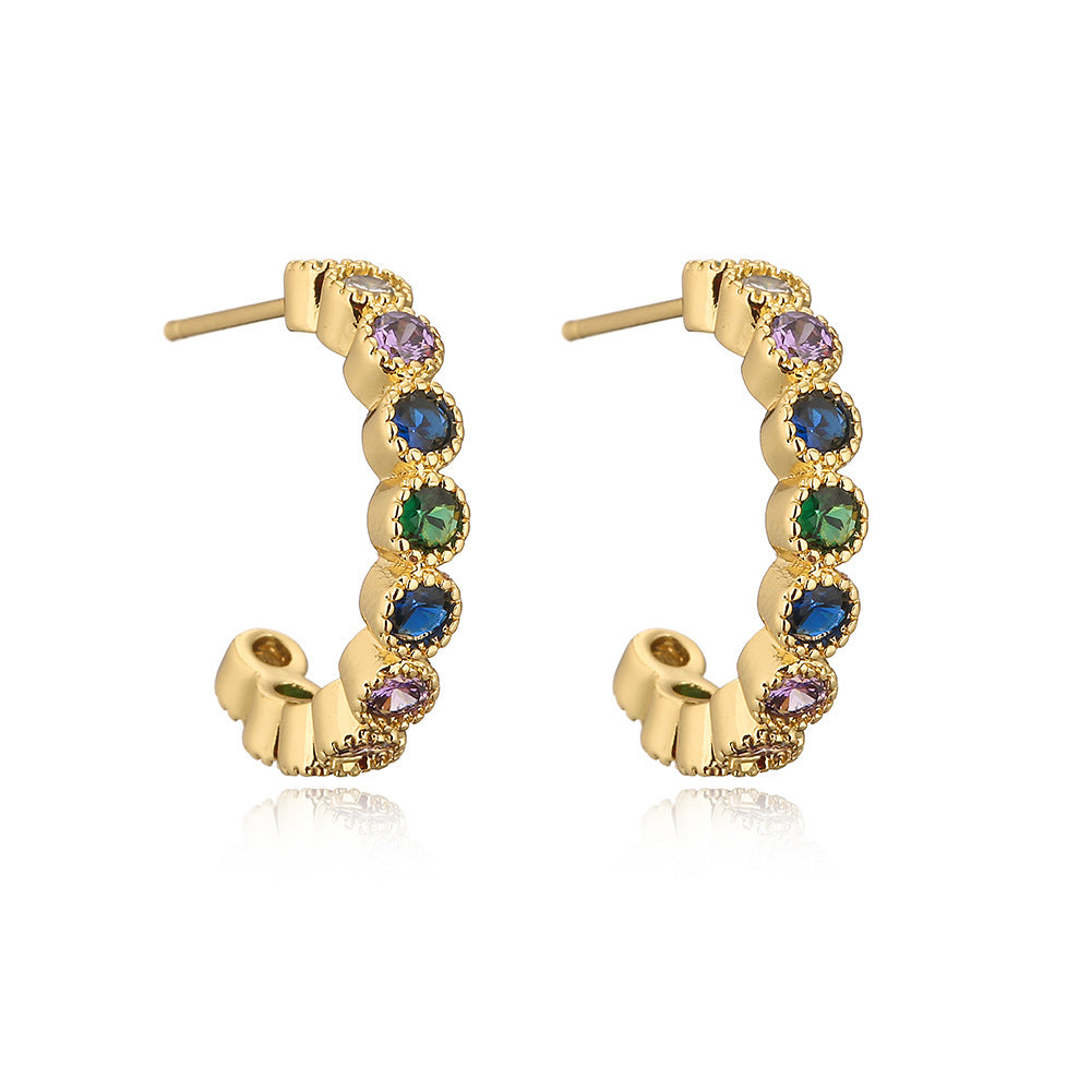 Minimalist Geometric Irregular C-Shaped Earrings for Women in Brass with Gold Plating and Zircon Accents