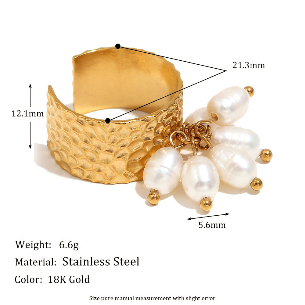 Vintage-Inspired Geometric Stainless Steel Ring with 18K Gold Plating, Pearl Dangle, and Hammered Texture