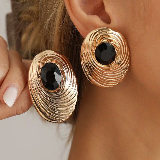 Vintage Textured Black Gold Oval Geometric Earrings for Women