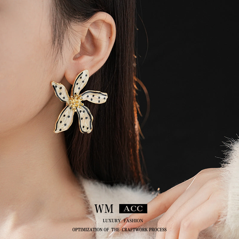 Vintage Floral Polka Dot Enamel Dangle Earrings in Alloy with Stainless Steel Posts for Women