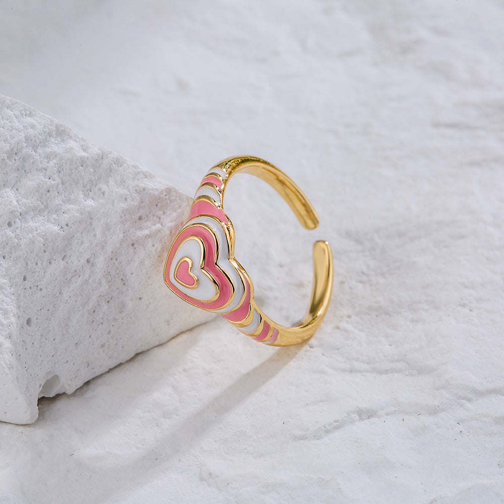 Anello a cuore aperto geometrico vintage da donna in rame placcato oro 18 carati e finitura smaltata