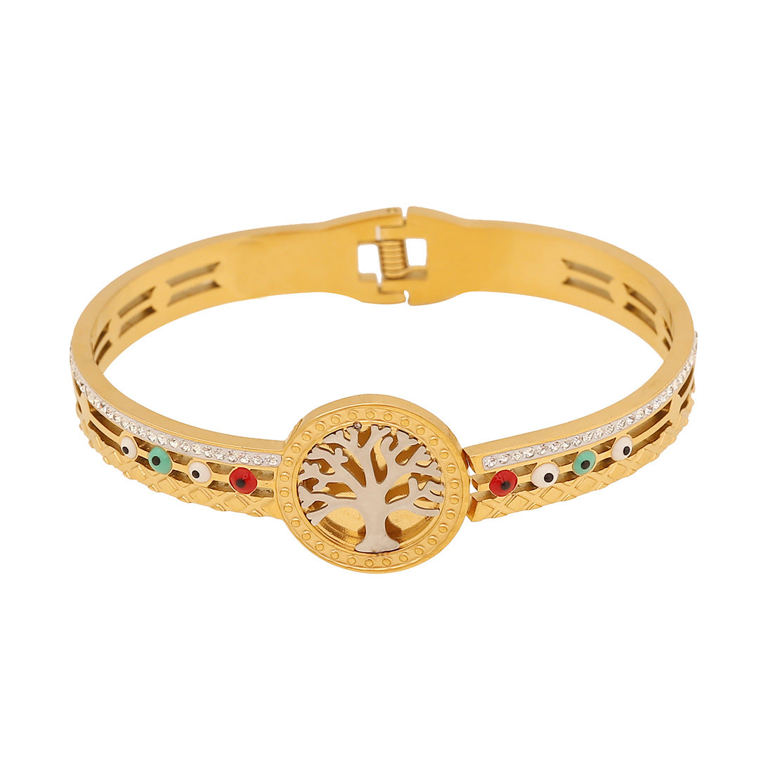 Bracciale rigido minimalista "Albero della Vita" con design floreale e ancora in acciaio inossidabile placcato oro