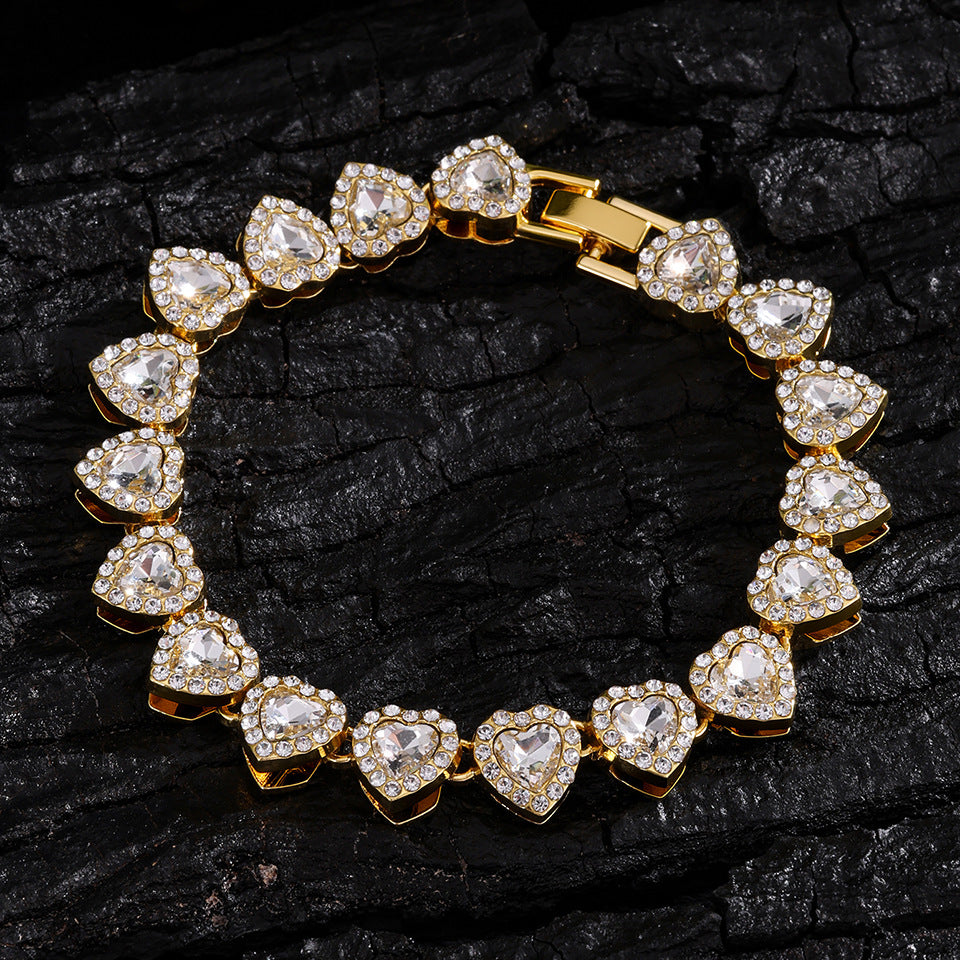 Luxury Heart Shape Brass Cuban Link Chain Necklace Set with Cubic Zirconia Inlay for Unisex