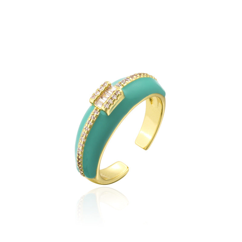 Geometric Micro-inlay Cubic Zirconia Brass Drip Oil Plated 18K Gold Open Ring for Women