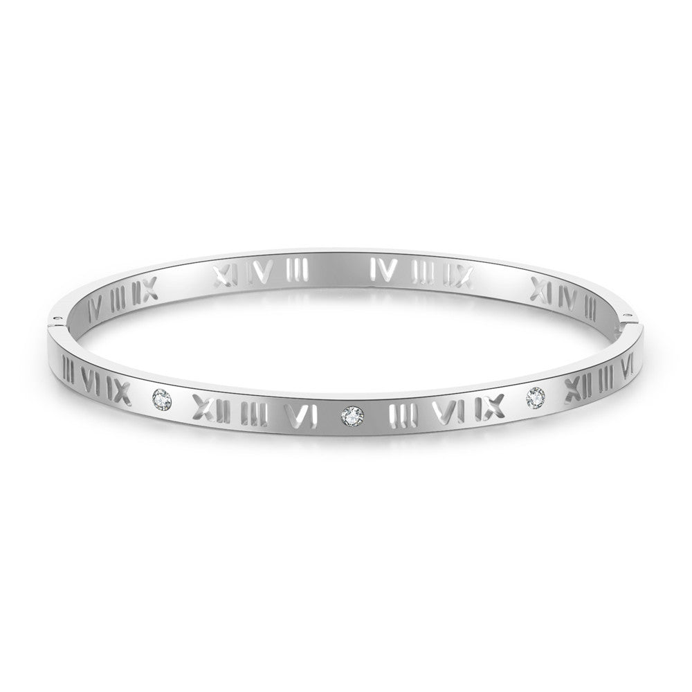 Minimalist Hollow Titanium Steel Roman Number Bracelet with Rhinestone Inlay for Unisex