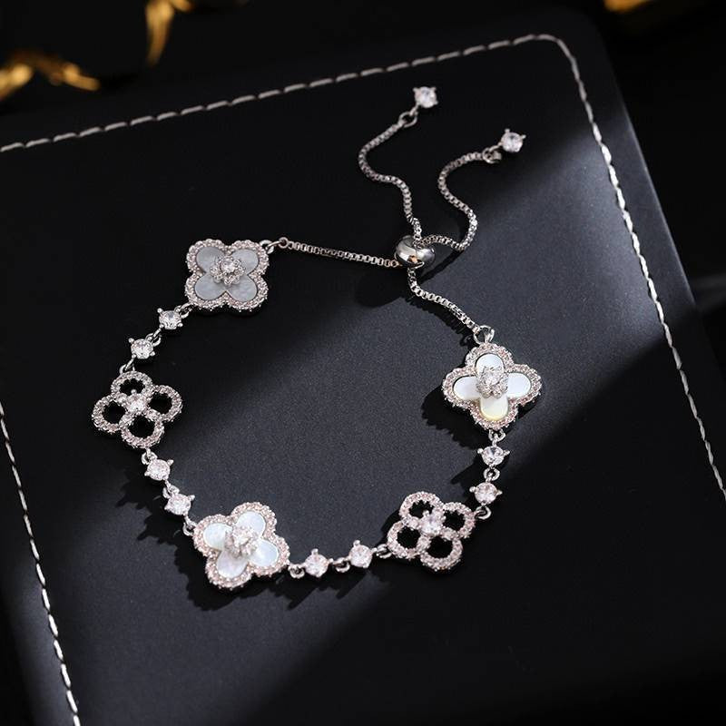 Elegant Geometric Floral Bracelet for Women in Plated Copper with Rhinestone Accents, Minimalist Office Style Hand Jewelry