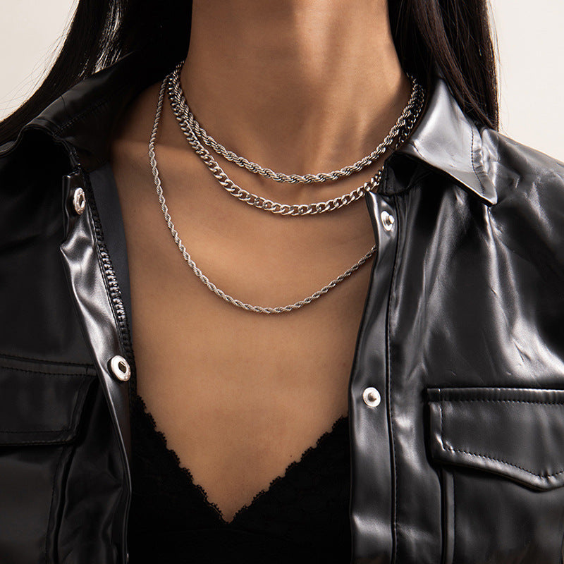 Hip-hop Punk Minimalist Geometric Round Alloy Plated Multi-layer Curb Chain Necklace for Women