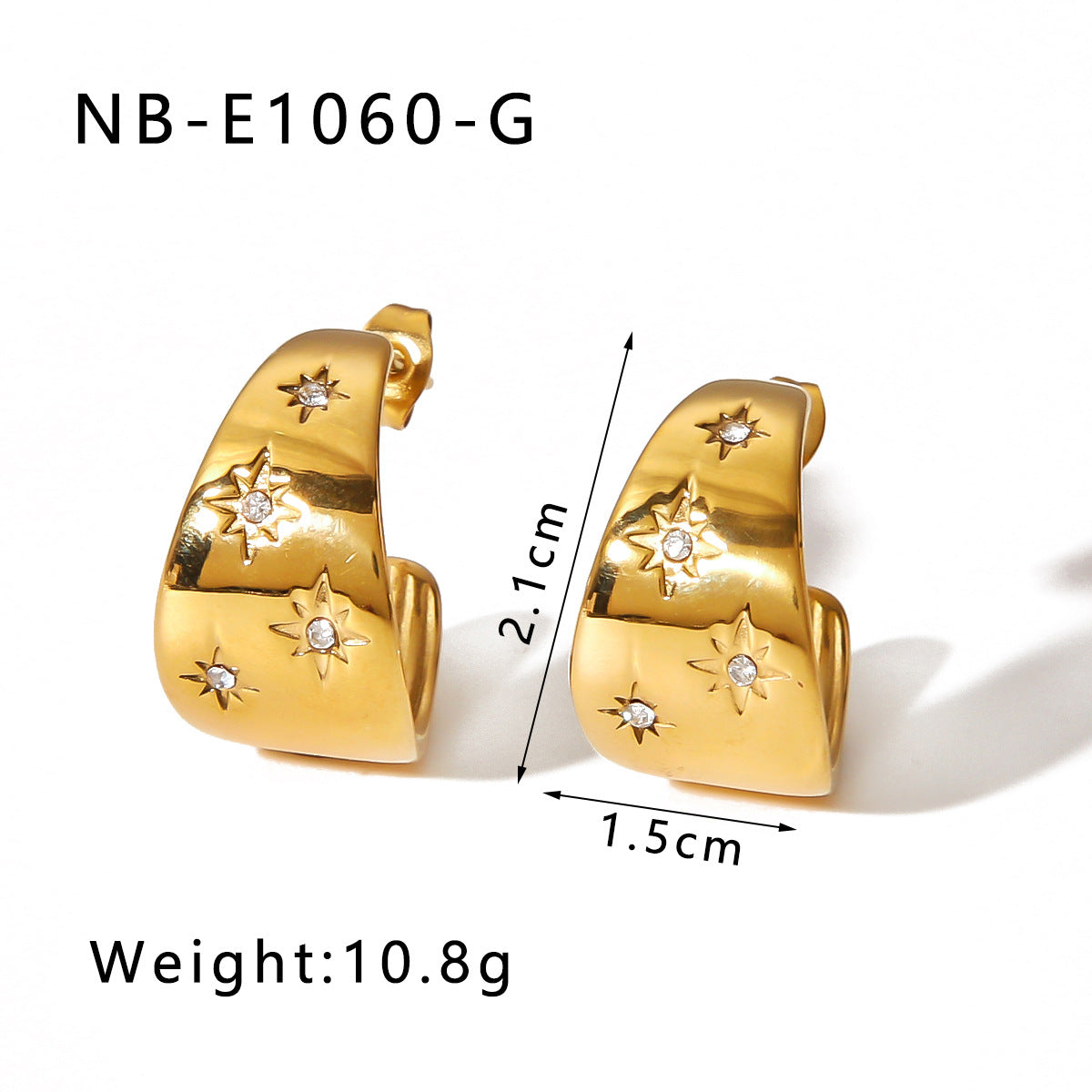 Orecchini ipoallergenici in acciaio inossidabile placcato oro 18 carati a forma di cuore con intarsio di perle a stella a otto punte geometrica a forma di C minimalista