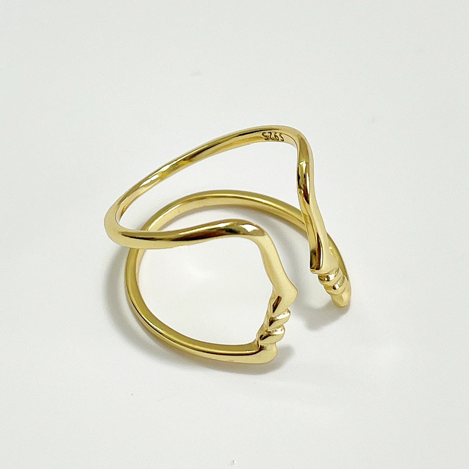 Anello Minimalista in Argento Sterling 925 Placcato Oro con Volto Astratto Geometrico