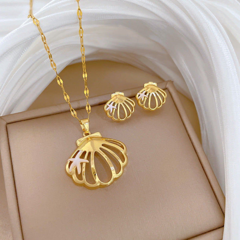 Sweet Minimalist Hollow Shell Moon Drip Oil Rhinestone Titanium Steel Necklace Set for Unisex