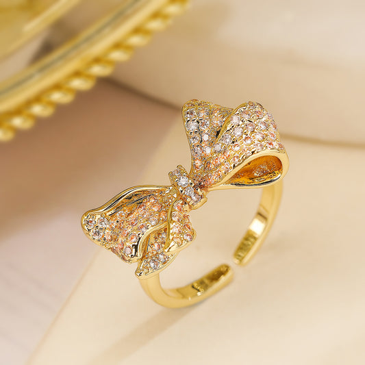 Fashionable Bowknot-Shaped Adjustable Ring for Women Made of Copper with 18K Gold Plating and Micro-Pavé Zirconia