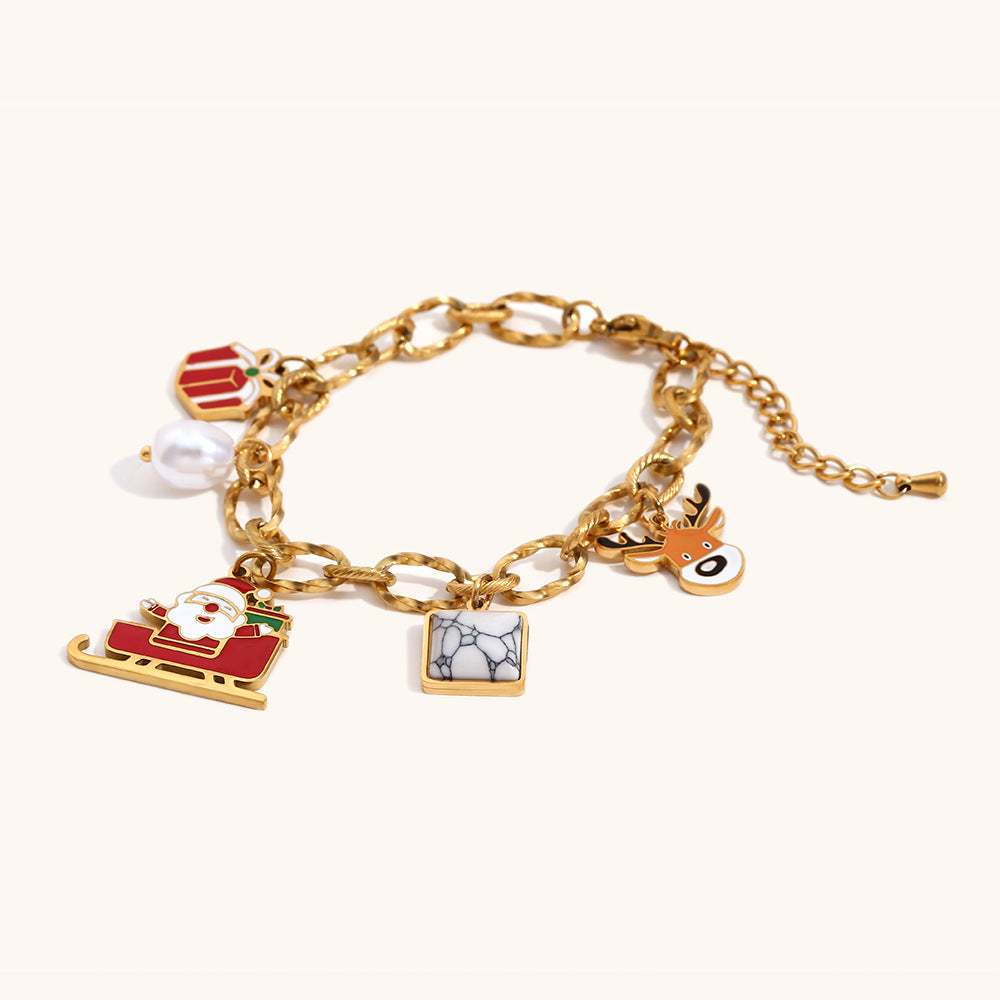 Pulsera de moda con colgante de Papá Noel para mujer, de acero inoxidable con chapado en oro de 18 quilates, diseño de eslabones hecha a mano