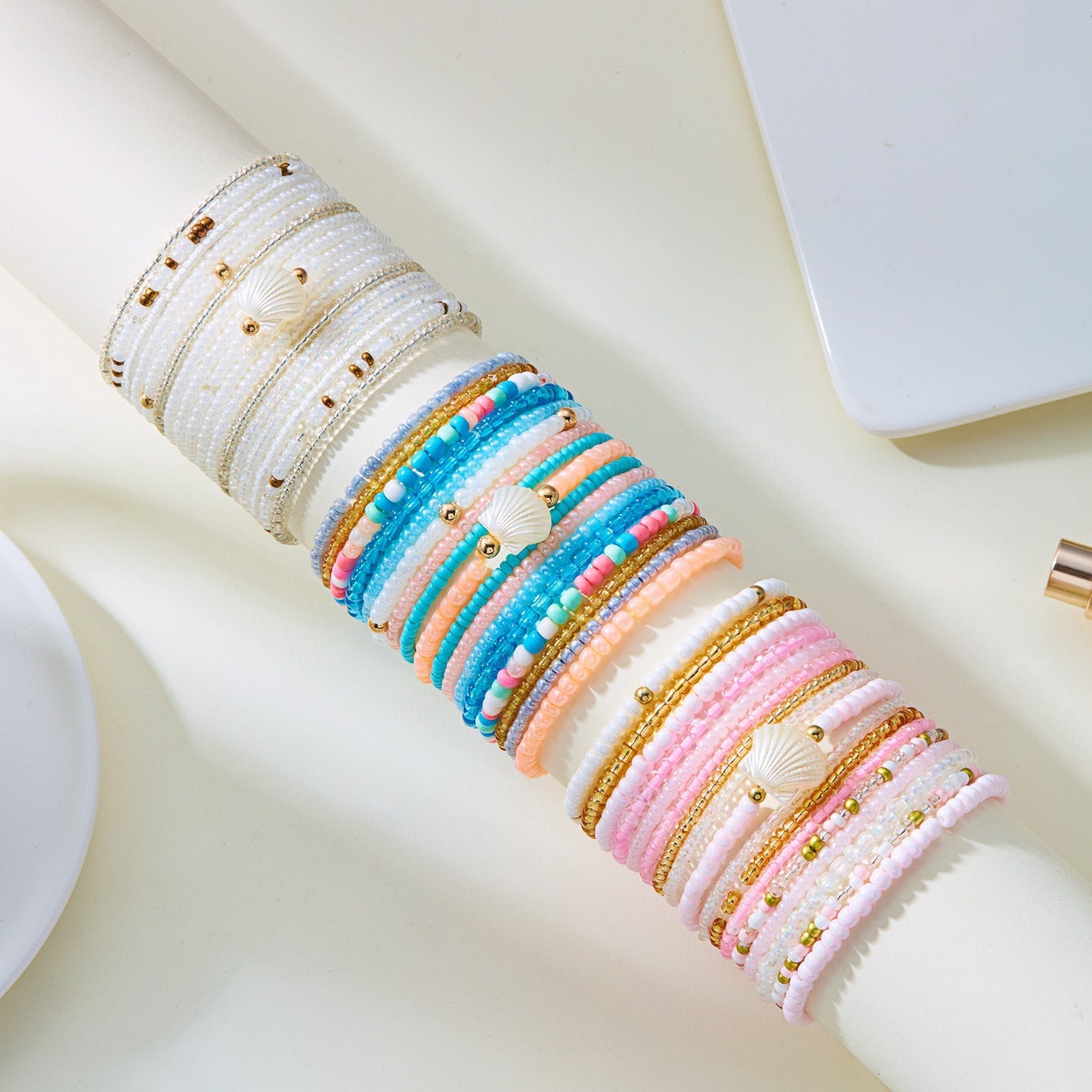 Colorful Glass Crystal Shell Beaded Bracelet Set Handmade Women's Summer Jewelry