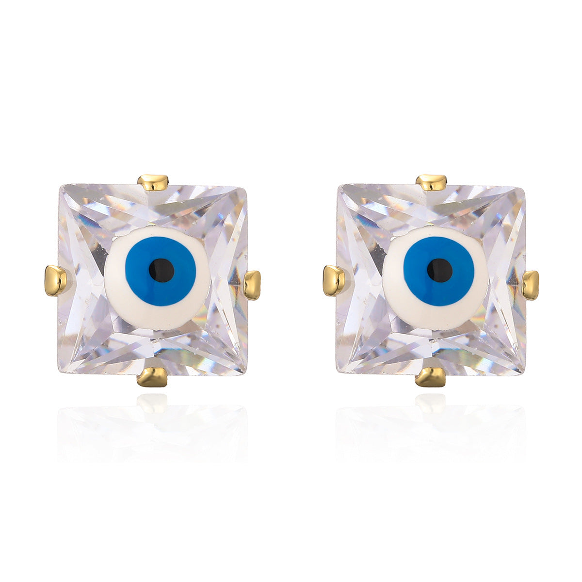 Orecchini a perno geometrici minimalisti con occhio di Horus in rame placcato oro 18K e finitura smaltata
