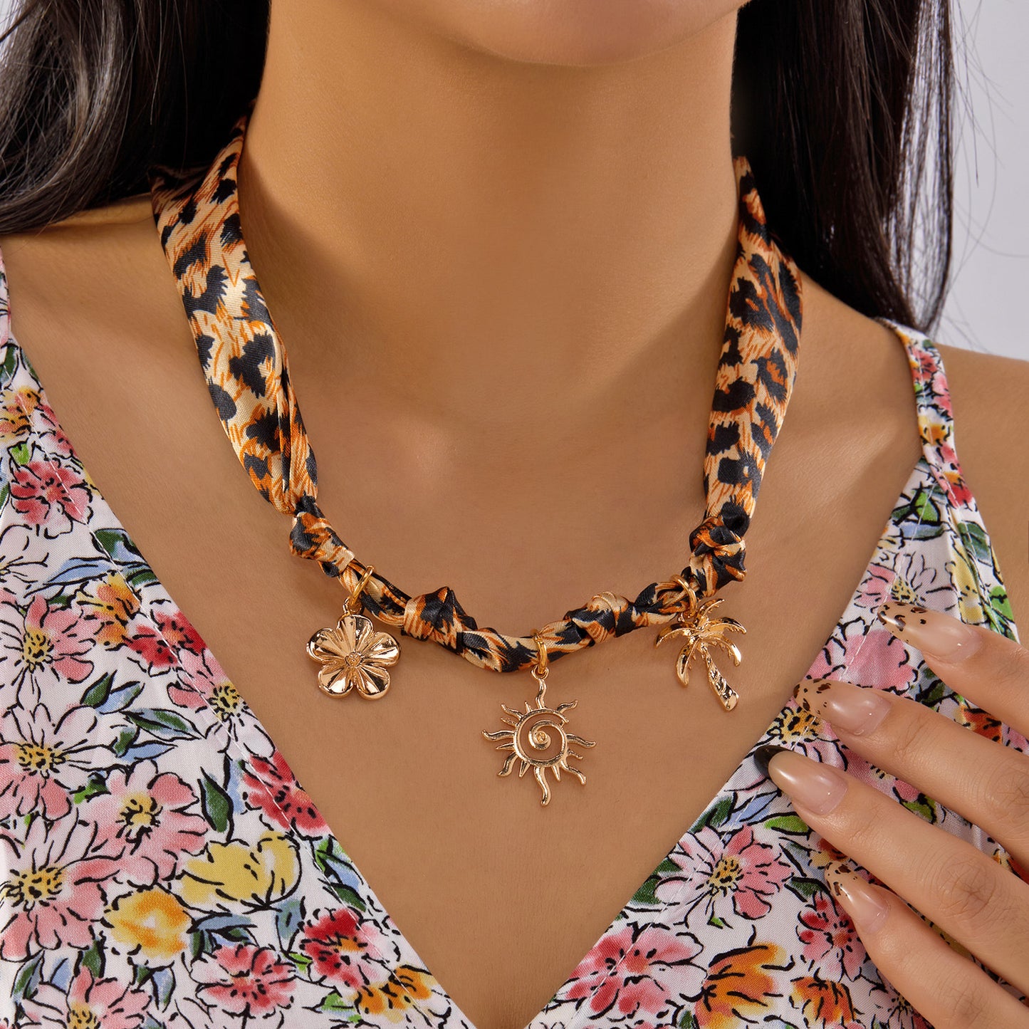 Sweet Colorful Braided Alloy Fruit Floral Pendant Ribbon Necklace for Women